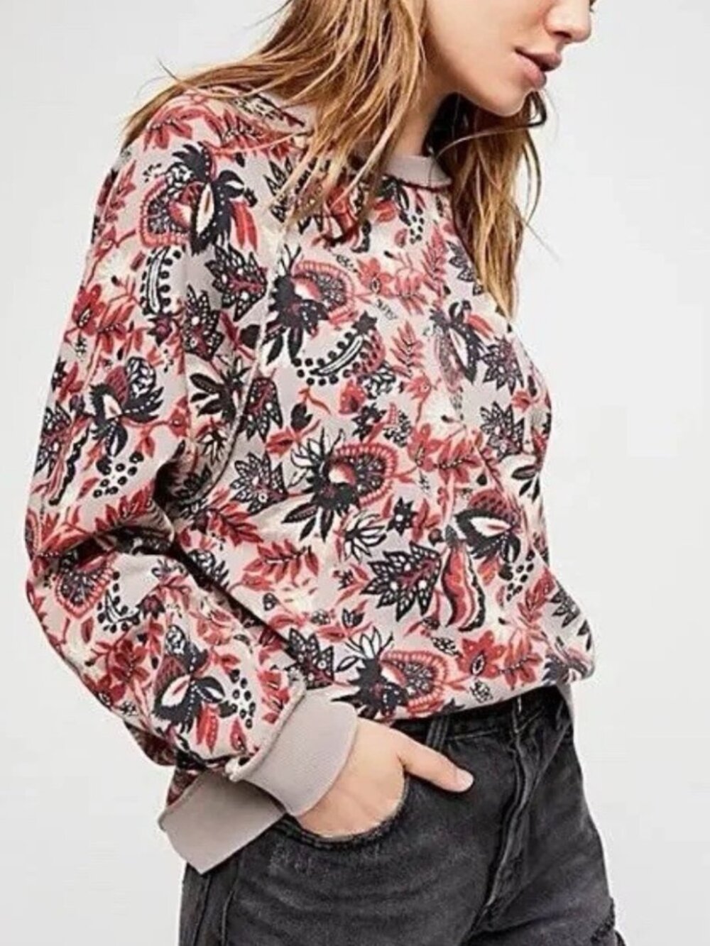 Free People Autumn Leaves Printed Oversized Cotton Sweater Women's size S
